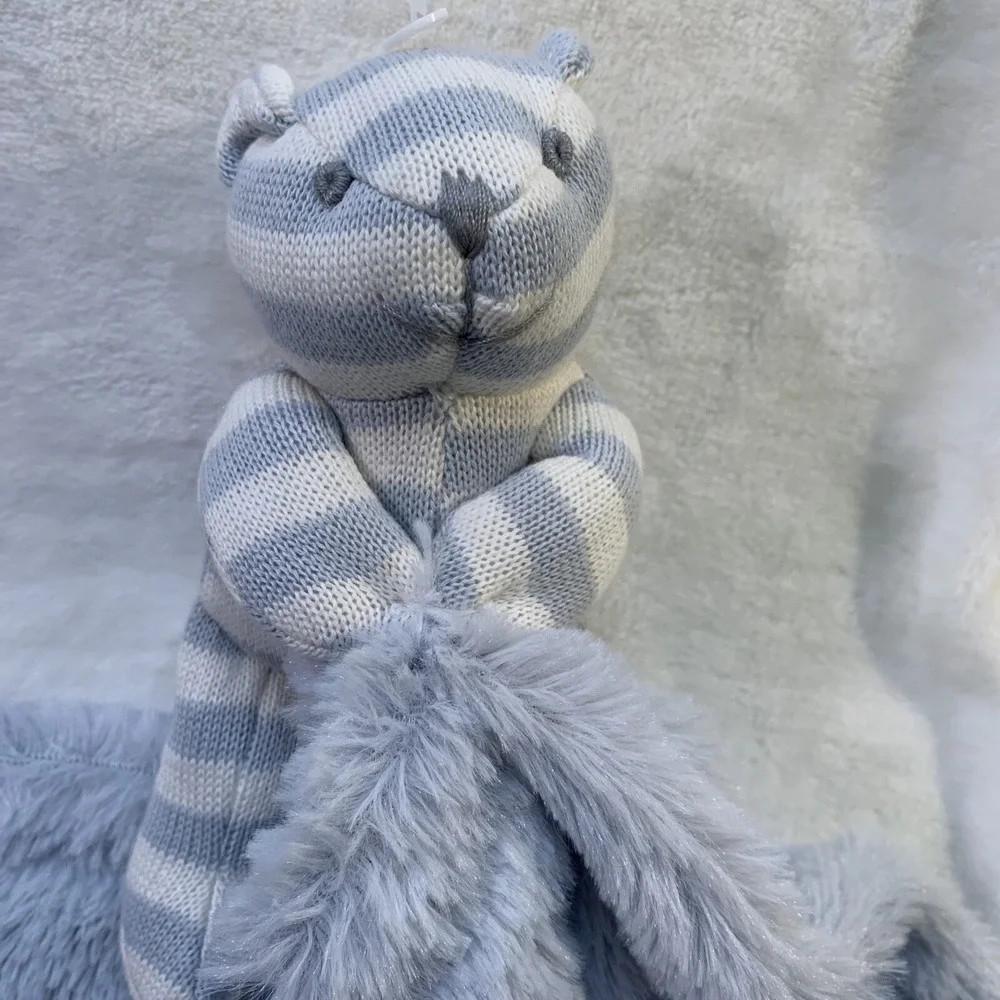 NUBY Blue Grey Knit Stripe‎ Bear Baby Blanket Furry Holding Security Lovey NWOT